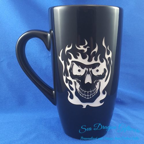 Ceramic Tall Coffee-Tea-Mug-Flaming Skull-Close Up